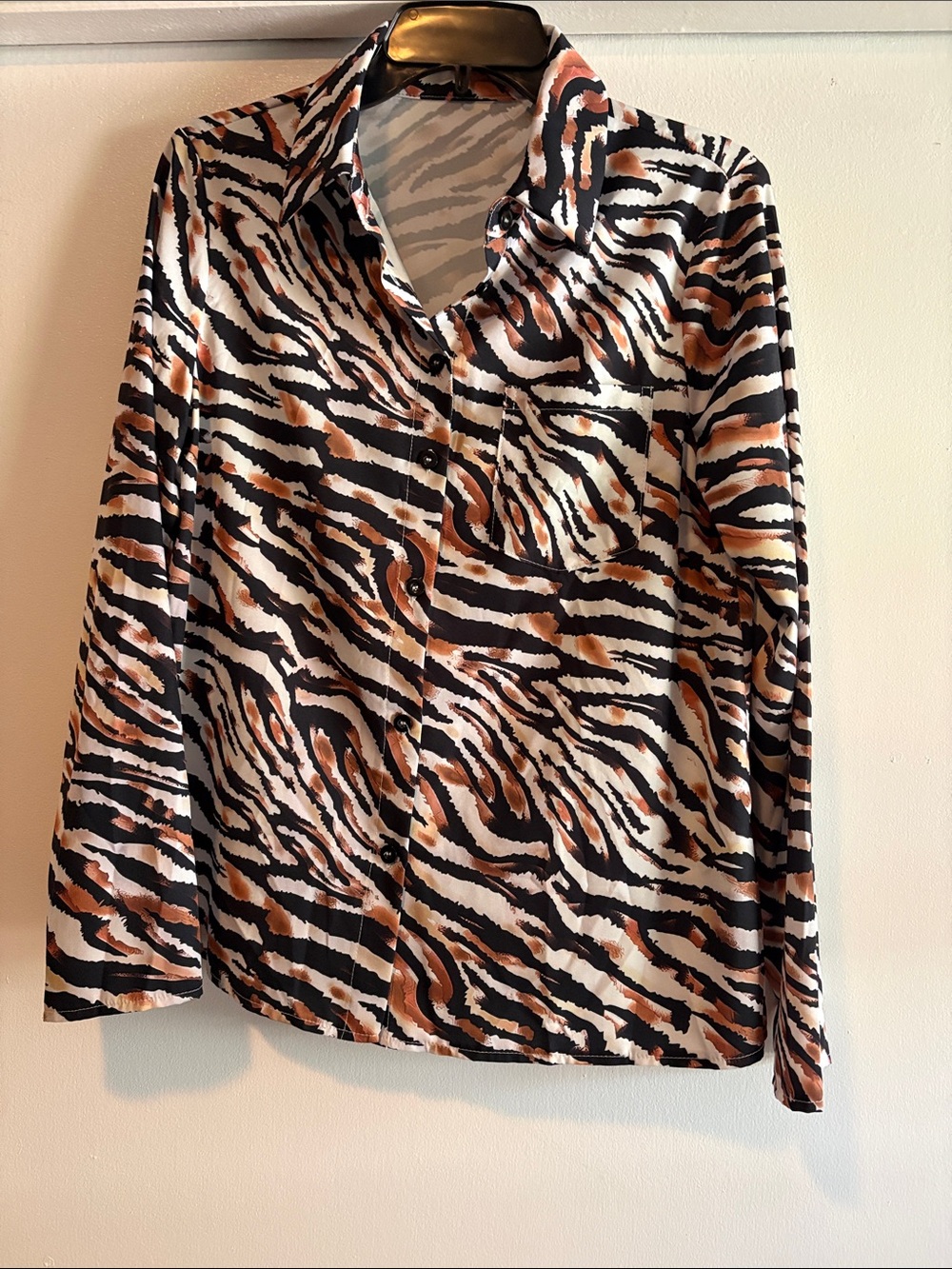 SHEIN Black White Brown Tiger-Print Button-Down Shirt